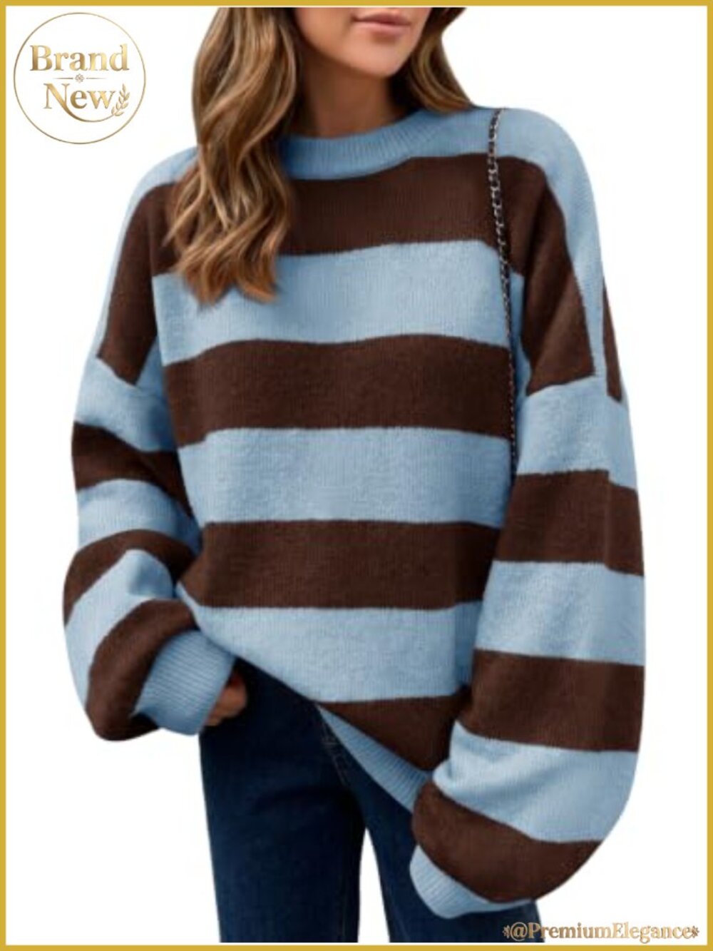 Oversized Striped Color Block Knit Pullover Sweater, Lantern Sleeve
